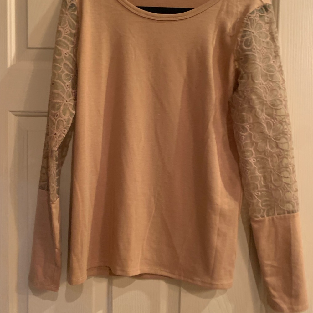 Beige Long Sleeve Top with Lace Sleeves